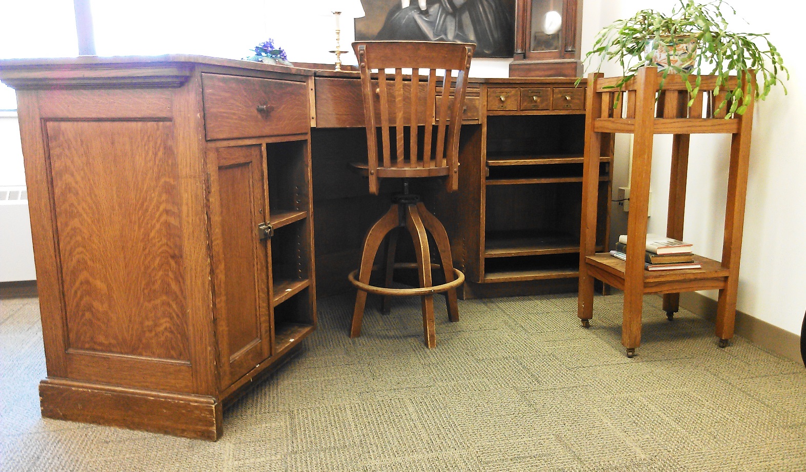 Carnegie desk, chair, plant stand