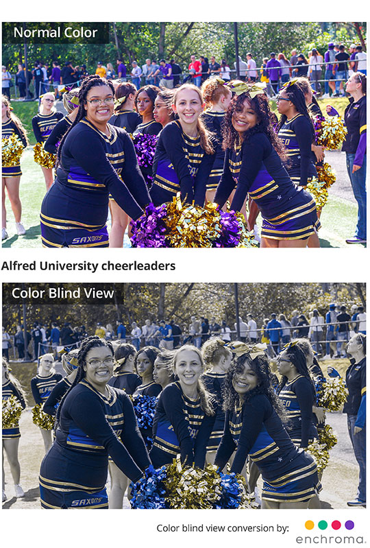 photos of cheerleaders, one as a normal person would see, the other as a person with color blindness would see