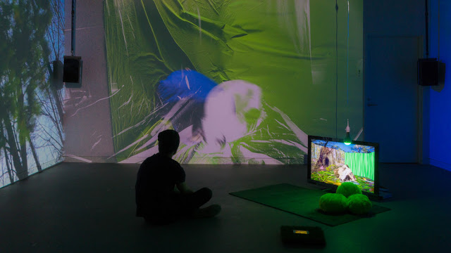 Cuddle Face, Multichannel immersive video on loop, projectors, 40 inch LCD monitor, iPhone 4, LED Bluetooth speaker, Green rug and green "poofs" 