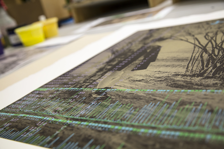 Close-up of silkscreen printing over polymer-plate print