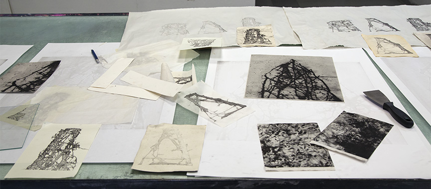 Various prints and tests including stone litho and polymer plate prints